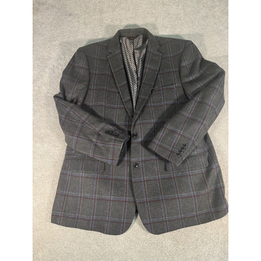 Linea Uomo Plaid Blazer Poly/rayon‎ 50 Long Pocket Square Gray Blue Red 2 Button